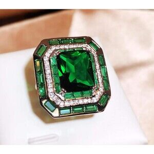 Jumbo Emerald Green Statement Ring , 925 Silver Engagement Jewelry